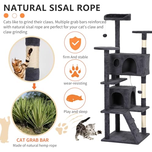 Image of BestPet | 62 inch Cat Tree Tower | Dark Gray | Sturdy Multi-Level Cat Tree
