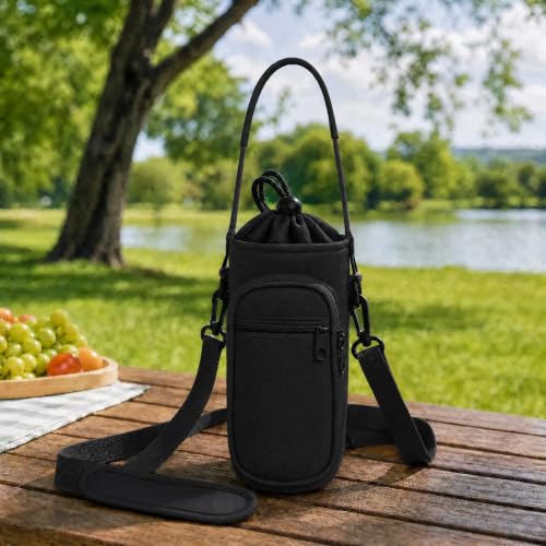 Image of Water Bottle Holder with Strap, Water Bottle Carrier Bag with Phone Pocket, Shoulder Hand Strap Insulated Neoprene 32 oz Water Bottle Sleeve for Walking Hiking Camping Gym(black)