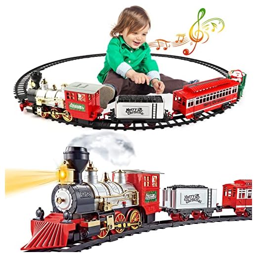 deAO Tren Electrico Juguete Niños, Tren Arbol de Navidad con Efecto Humo, Luces, Sonidos y 4 Coches, Navideño Decoración Juguete Niño 3 años, Regalos de Cumpleaños y Navidad para Niños y Niñas