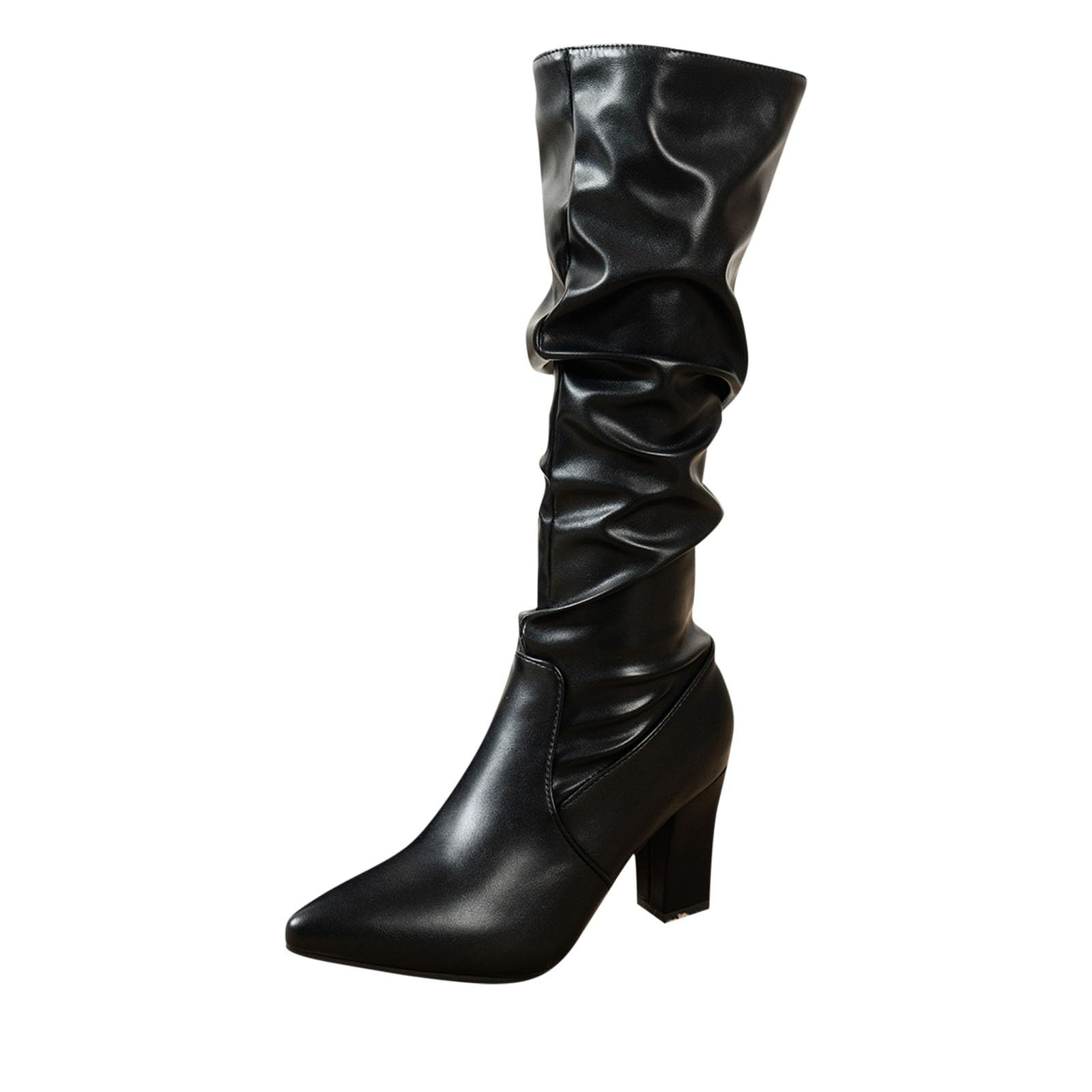 Womens Long Boots Fashion Pleated High Heels Pointed Toe Boot Long Calf Bootie Casual Solid Color Business Working
