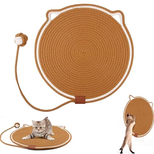 HSYTEK Kratzmatte Katze, 43cm Rundes Kratzbrett, Katzenschlafmatte, Aufhängbar Kratzteppich, Katzen Kratzmatte mit Baumwollkugel Spielzeug und Katzenohr Design, Kratzteppich für Sofa, Möbel, Tür