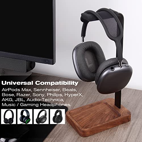Image of Walnut Wood & Aluminum Headset Holder, Desktop Headphone Stand, Universal headphone holder for most music gaming headsets - Black Walnut