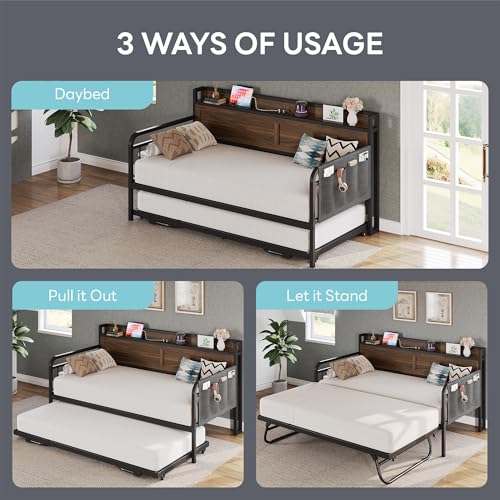 Image of LIKIMIO Twin Daybed with Pop Up Trundle & Charging Station & Storage Shelf
