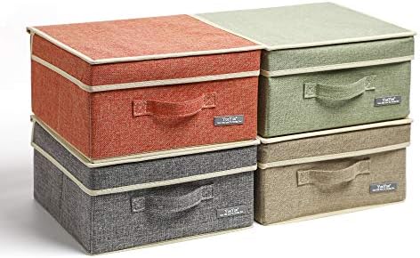 YueYue Small 4 Pack Fabric Stroage Box with Lids, Linen Foldable Stroage Box with lids 4 Color Set 12.4in/12in/6.7in