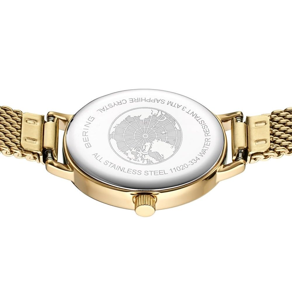 BERING Damen Quarz Uhr | Armbanduhr 20 mm goldenes Edelstahlgehäuse und weißes Zifferblatt | Milanaisearmband | Saphierglas | 3 ATM | 11020-334 | Saphirglas, Quarzwerk, Wasserdicht 3 ATM, Edelstahlgehäuse, Klappverschluss