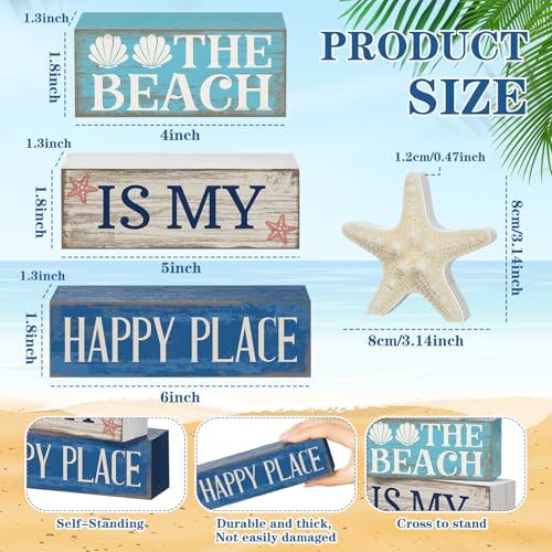 Image of Moucuny 4 Pcs Summer Table Decoration Beach Tiered Tray Decor Starfish Coastal Rustic Wooden Block Sign Gifts Blue and White Ocean Centerpieces Farmhouse Beach Nautical Decor for Home Shelf Mantel