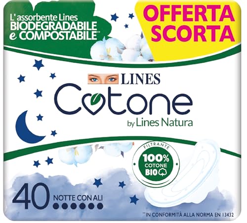 Lines Cotone by Lines Natura notte con Ali, 40 assorbenti in cotone per il giorno, Biodegradabile e Compostabile. Filtrante 100% cotone Bio delicato sulla pelle, formato scorta.