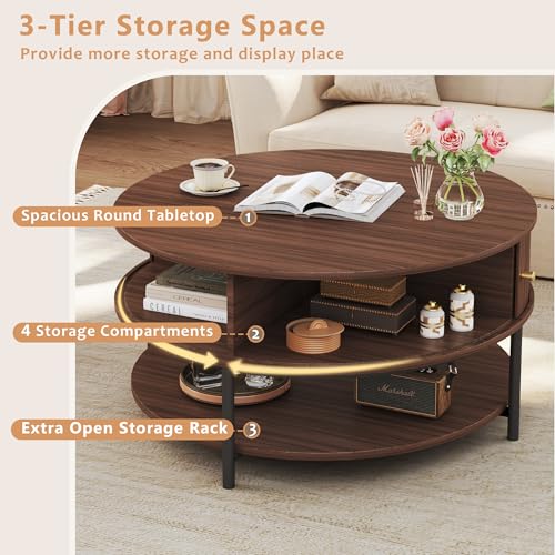 HUAHUU 31.5" Round Coffee Table with Storage, Mid Century Modern Coffee Table with Sliding Cabinet Door, Round Metal Legs, 3-Tier Small Round Coffee Tables for Living Room, Walnut - Image 3