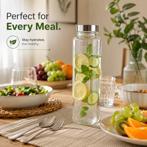Image of MACHAK Glass Round Transparent Bottle With Leak-Proof Steel Cap | Ideal For Water, Juice, Smoothies & Detox Drinks| 750 Ml (6)