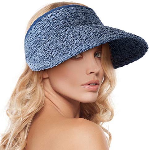 Sun Hat Women's Wide Brim Hat for Sun Protection - Fashionable Straw Visor, Navy