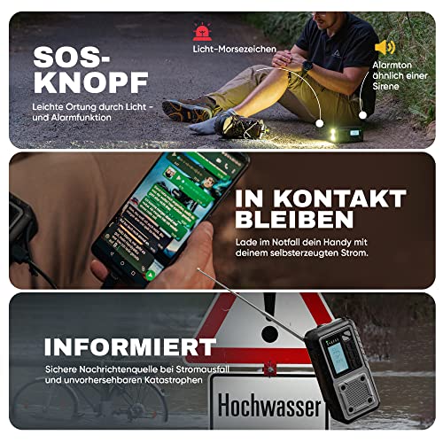 Acta Berg Kurbelradio | Notfallradio mit Kurbel & 5000 mAh Akku | Solar Radio mit Weltempfänger | Handkurbel Blackout Notfallausrüstung | Als Taschenlampe & Ladegerät, AM/FM/SW, mit USB, Grau