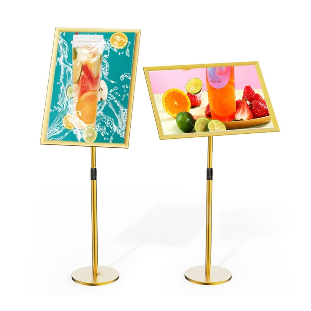 Soporte para letreros con Pedestal Ajustable Plateado - Expositor de menús A2 Resistente con Base Redonda para Bodas y promociones comerciales, avisos y anuncios.