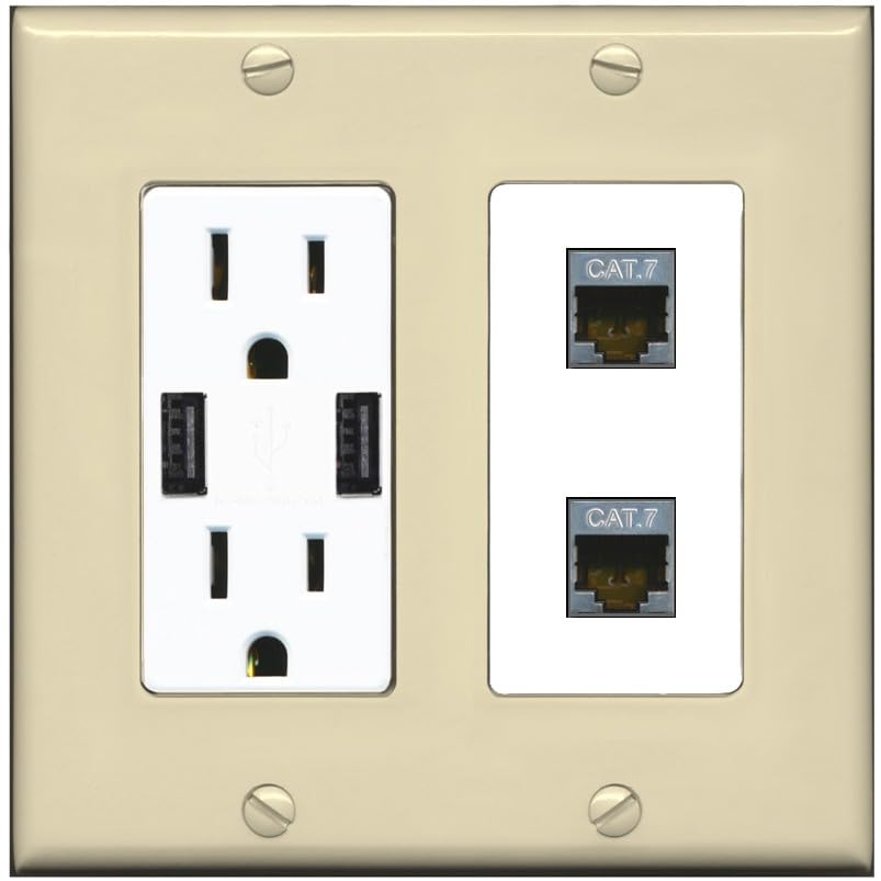 RiteAV 2 Port Cat7 Shielded Ethernet Wall Plate - USB Outlet [Screwless White]