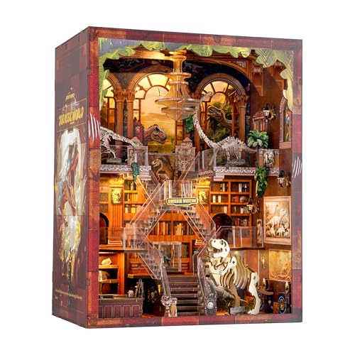 Book Nook Kit 3D Wooden Puzzle with Interactive LED Lights DIY Dinosaur Museum Miniature Decor for Adults & Teens Enchanting Storytelling Bookshelf Insert