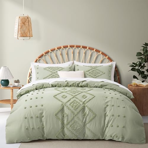 Oli Anderson Tufted Duvet Cover Queen Size, Soft and Lightweight Duvet Covers Set for All Seasons, 3 Pieces Boho Embroidery Shabby Chic Bedding Set (Mist Sage, Queen, 90"x90") Full/Queen(90"