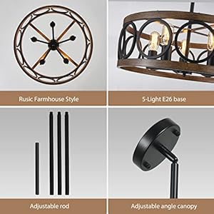 Black Dining Room Light Fixtures, Modern Farmhouse Chandelier for Dining Room Living Room Kitchen, 22'' Drum Metal Black and Wood Grain Finish, 5-Light Round Hanging Chandelier Pendant Black Dining Room Light Fixtures Modern Farmhouse Chandelier for Dining Room Living Room Kitchen 22 Drum Metal Black and Wood Grain Finish 5 Light Round Hanging Chandelier Pendant