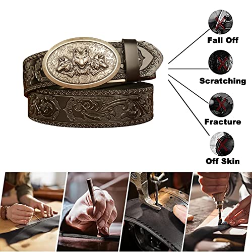 Embossed Leather Belt, Automatic Buckle Ratchet Belt with Engraved 3 Wolf Heads Filigree Buckle, Trim to Fit(110cm/waist:36"~38", Black)2