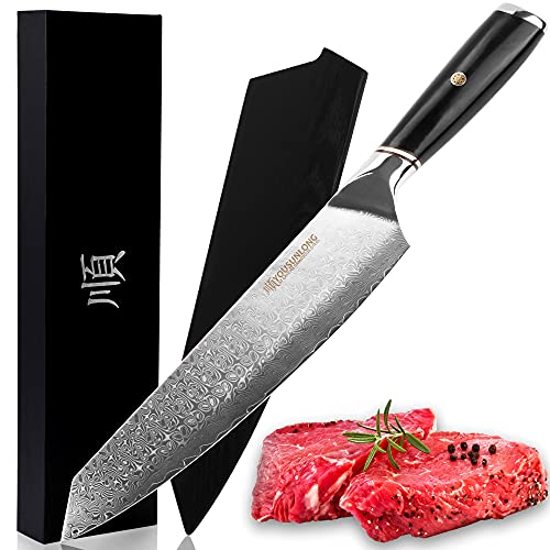 Sunlong Cuchillo De Chef De Damasco, Acero De Damasco Japonés Gyuto De 254 Mm, Mango De Madera De Plomo Natural Con Bolsillo Para Cuchillo De Franela Sunlong Cuchillo De Chef De Damasco, Acero De Damasco Japonés Gyuto De 254 Mm, Mango De Madera De Plomo Natural Con Bolsillo Para Cuchillo De Franela