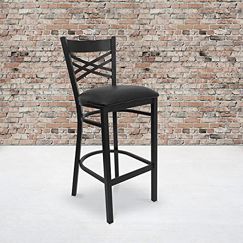 Butaco de bar metálico con respaldo en X, asiento de vinilo negro y estructura de metal negro miniatura 1