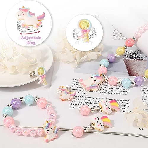 Image of SANNIDHI Unicorn Crossbody Bag with Jewelry Set for Girls, Princess Plush Handbag Purse Beads Necklace Bracelet Earrings Rings and Stickers Set
