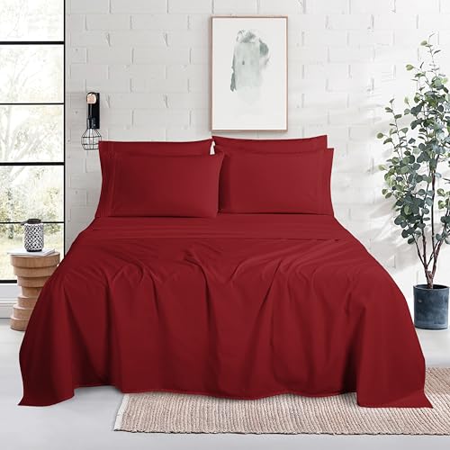 Image of Mocassi Luxury 6-Piece Sheet Set, Ultra Soft 1800 Premium Hotel Quality Microfiber Sheet Set, Fits Mattresses Up to 18 to 24 Inches Extra Deep Pocket - Breathable and Secure Fit, Queen, Burgundy