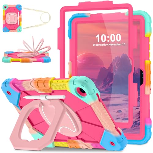 Image of WESOROL Case for Galaxy Tab A11 Plus /A9 Plus 11 Inch,Shockproof Cover for Samsung Tablet A11+ /A9+ Case with Screen Protector 360 Rotating Stand Pencil Holder Shoulder Strap,Colorful Pink