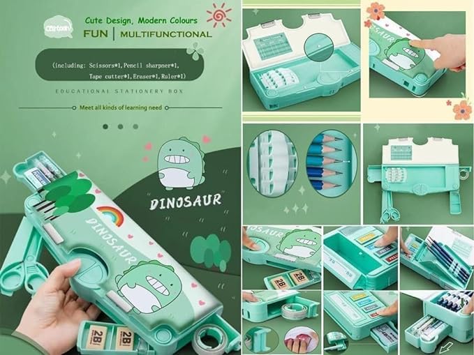 Image of Multifunctional Magnet School Pencil Box for Girls, Dinosaur Compass Box for Boys, Geometry Box for Kids, Ruler, Eraser and Sharpener, Magnetic Pencil Box (Dinosaur Compass)