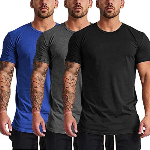 COOFANDY Men's 3 Pack Gym Workout T Shirt Short Sleeve Base Layer Muscle Bodybuilding Training Fitness Tee Tops (X-Large, Black&Grey&Blue11)