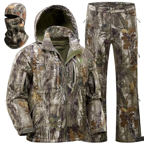 Wild Cedar Camo Hunting Clothes for Men with Fleece Lining Quiet Insulated Hunting Jacket and Pants Water Resistant Suit for Cold Weather Deer Duck Hunting