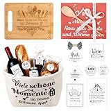 FTUREERA Einzugsgeschenke Wohnung Set, Einzugsgeschenke Haus, Schneidebrett Brotkorb Geschirrtuch Kochlöffel Karte und Brot Salz Wein Schokolade Aufkleber, Geschenkidee Neue Wohnung Geschenke