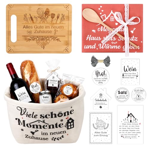 FTUREERA Einzugsgeschenke Wohnung Set, Einzugsgeschenke Haus, Schneidebrett Brotkorb Geschirrtuch Kochlöffel Karte und Brot Salz Wein Schokolade Aufkleber, Geschenkidee Neue Wohnung Geschenke