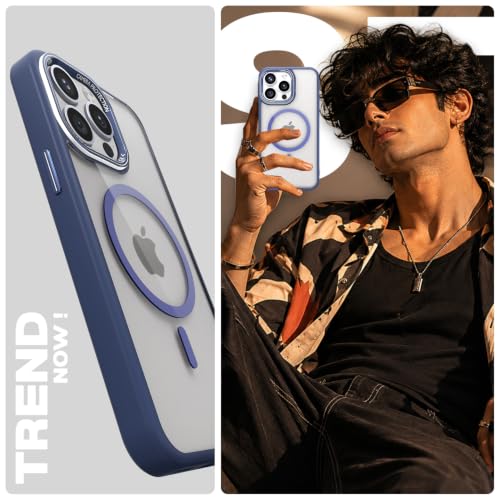 Image of Pikkme Back Cover for iPhone 15 Pro Max | Shockproof | Mag-Safe Compatible | Hard Transparent Back | Premium Raised Camera Protection | Bumper Case (Blue Mag-Safe)