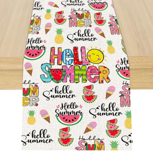 Summer Table Runner Summer Decorations for Home Seasonal Holiday Party Decor Decoration for Kitchen Dining Room Runner for Table with Ice Cream Fruits Leaves 13x72 Inch