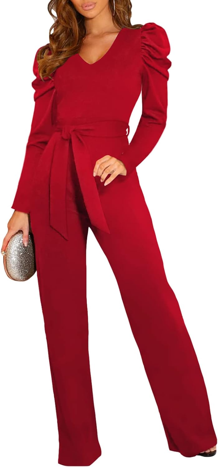 BLENCOT Jumpsuit Long Sleeve Casual V Neck Belted Wide Leg Formal Rompers Jumpsuit