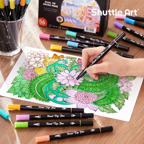 Image of Shuttle Art Pastel Brush Pens, 56 Pastel Colouring Pens, Dual Tip Brush Markers with Fineliner Tip, Drawing Felt Tip Pens for Adults Colouring Books, Painting Sketching Calligraphy and Journaling