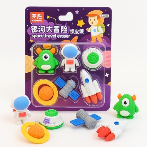 Image of Parshya Space Travel Eraser Set for Kids (6 Pcs) - Soft Rubber, Non-Toxic, Dust-Free Cartoon Erasers | Rocket, Astronaut, Alien, Planet & Spaceship | Fun Stationery for School & Gifts