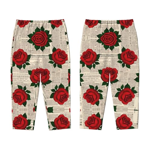 Pajama Pants Pajama Bottoms with Elastic Waistband Sleepwear Lounge PantsRose Flowers Retro Newspaper3