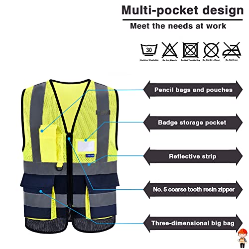 Image of Reflective Construction Vest, 7 Pockets, Zipper, Yellow /Navy, 3XL | Yellow /Navy 3XL fabric work vest with reflective strips and 7 pockets for airport ground crews and warehouse logistics.