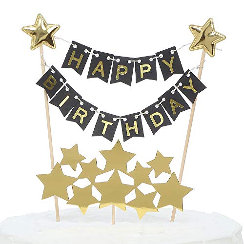 Assembled Happy birthday cake toppers, 30th 40th, 18th, 20th, 1st colorful gold cake toppers with banner, cake toppers for kids,men,girl suitable for all birthday parties,Gexolenu (Black Toppers)