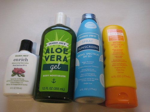 Trader Joe's Enrich Moisturizing Face Lotion SPF 15, Trader Joe's Aloe Vera Gel, Trader Joe's Spray Sunscreen SPF 50+, Trader Joe's Face & Body Sunscreen Lotion SPF 30 Bundle.