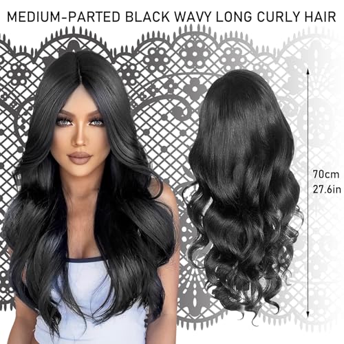 DKDDSSS Long Black Wave Wigs for Women Girls, 27’’ Long Wavy Black Wigs, Ladies Fancy Dress Wig Synthetic Hair Wigs, Women's Charming Full Hair Long Replacement Wigs for Cosplay Party, Daily Use - Image 3