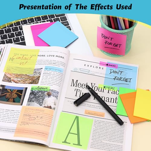 800 Sheets Transparent Sticky Notes, 3x3 Inch 14 Pads Self-Adhesive Translucent Clear See Through Post Sticky Notes for Planner Office School College Teacher Student Supplies 6 Bright Color