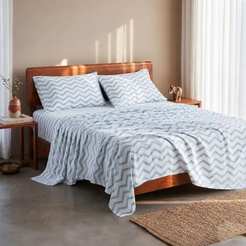 Image of LANE LINEN 100% Organic Cotton Fitted Bedsheet Double - Chevron Cool Blue | GOTS Certified, Percale Weave, 78x60 inches, Fits Upto 12 inch Mattress, Soft, Breathable, Washable, 2 Pillow Covers