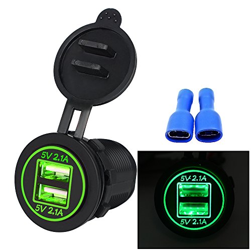 Samoleus 2 Chargeur USB Power prise 2.1 A & 2.1 A avec voltmètre pour iPad, iPhone, voiture, bateau, lumière LED bleue, Grüne LED