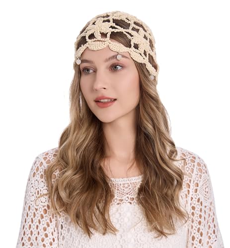 ZLYC Women Cotton Crochet Skull Cap Handmade Knit Cutout Floral Beanie Hat Beads Beige