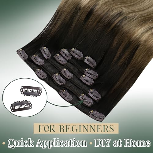 Image of Ugeat Clip in Hair Extensions Human Hair Brown Balayage 14 Inch 7pcs 105g | Human Hair Clip in Extensions , Dark Brown Balayage Chocolate Brown