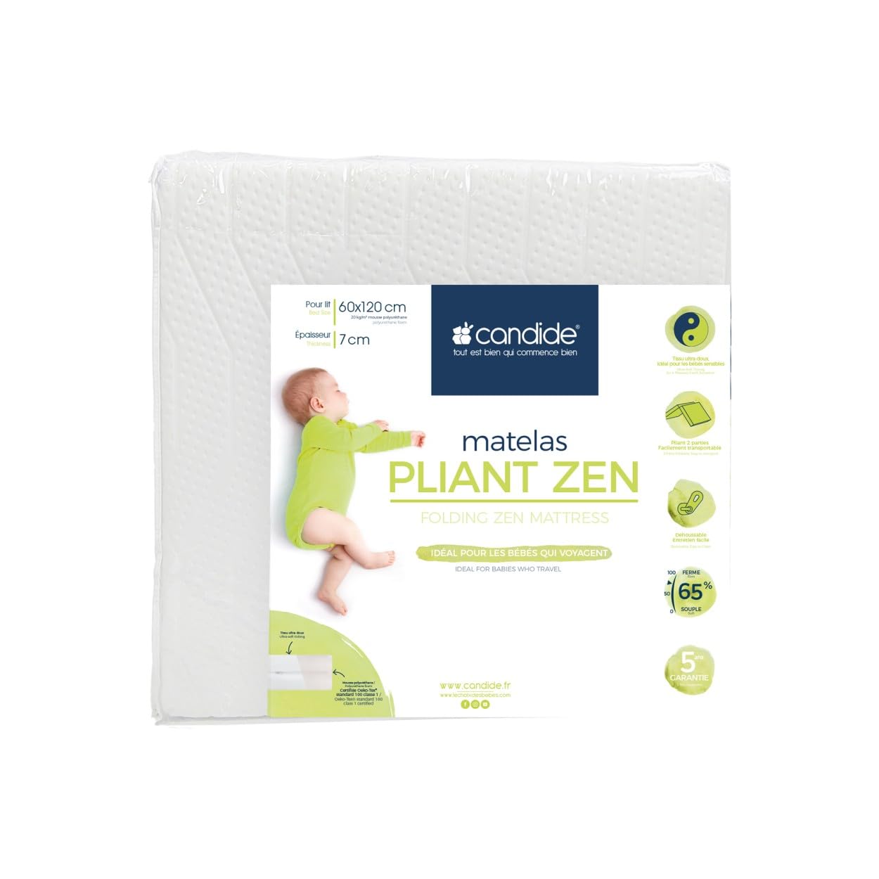 Candide - Matelas bébé 60x120cm pliant 2 parties Zen Bambou - Matelas lit bébé 60x120 doux, absorbant - Matelas pour lits de bébé naturellement antibactérien, déhoussable - Fabriqué en France