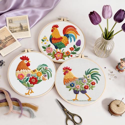 Image of Uniartfy 3 Pack Funny Rooster and Flower Embroidery Kits for Beginners, Animal Cross Stitch Kit for Adults, DIY Needlepoint with Stamped Pattern, Embroidery Hoop, Tools, Colorful Threads, Instructions