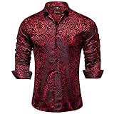 DiBanGu Mens Silk Paisley Dress Shirts,Long Sleeve Button Down Shirt Casual Regular Fit Shirt for Men Wedding Party, Burgundy, X-Large