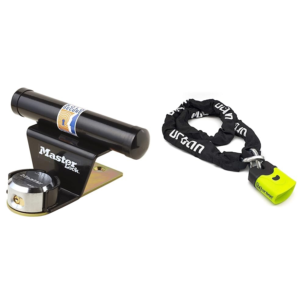 Antivol moto chaîne urban U4K170 et cadenas de garage Master Lock 1488EURDAT haute sécurité